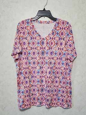 Colorful Geometric V-Neck Short Sleeve Perfectly Soft Tee Shirt Work Home